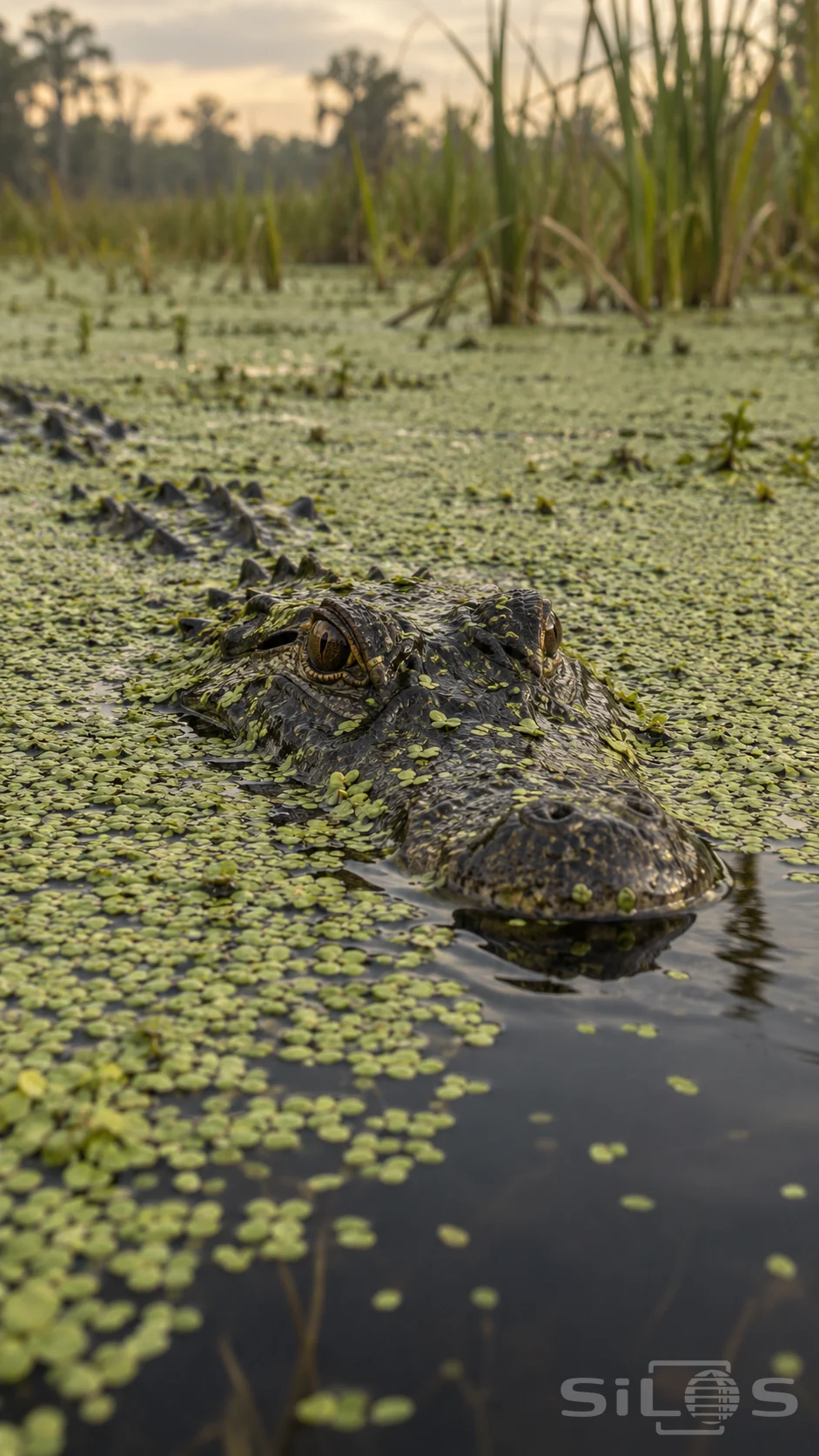 An alligator's eyes and broad closed snout emerge through duckweed above dark water with marsh reeds softly blurred behind.