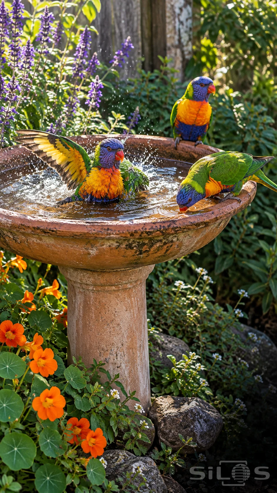 Three rainbow parrots splash, drink and perch around a terracotta birdbath among purple and orange flowers.