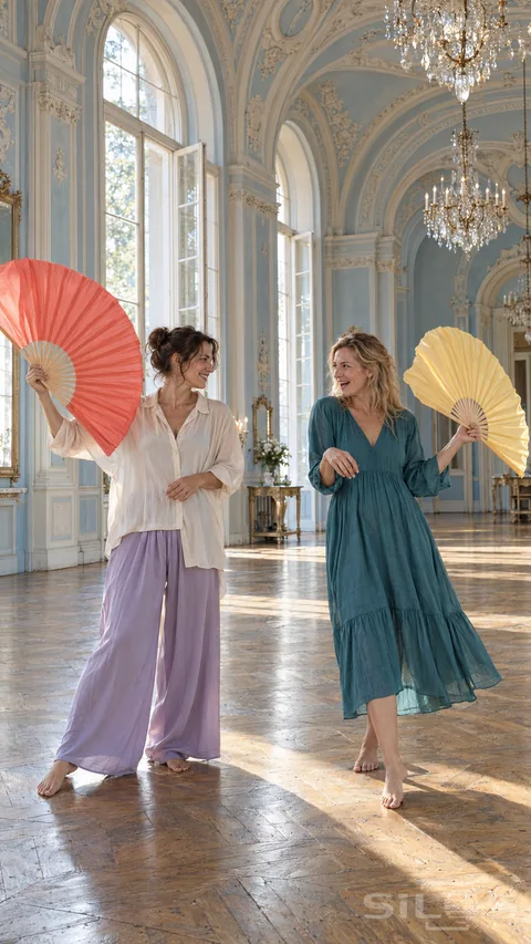 Two adult women share a laugh while holding coral and yellow silk fans in a tall blue ballroom with open windows and parquet.