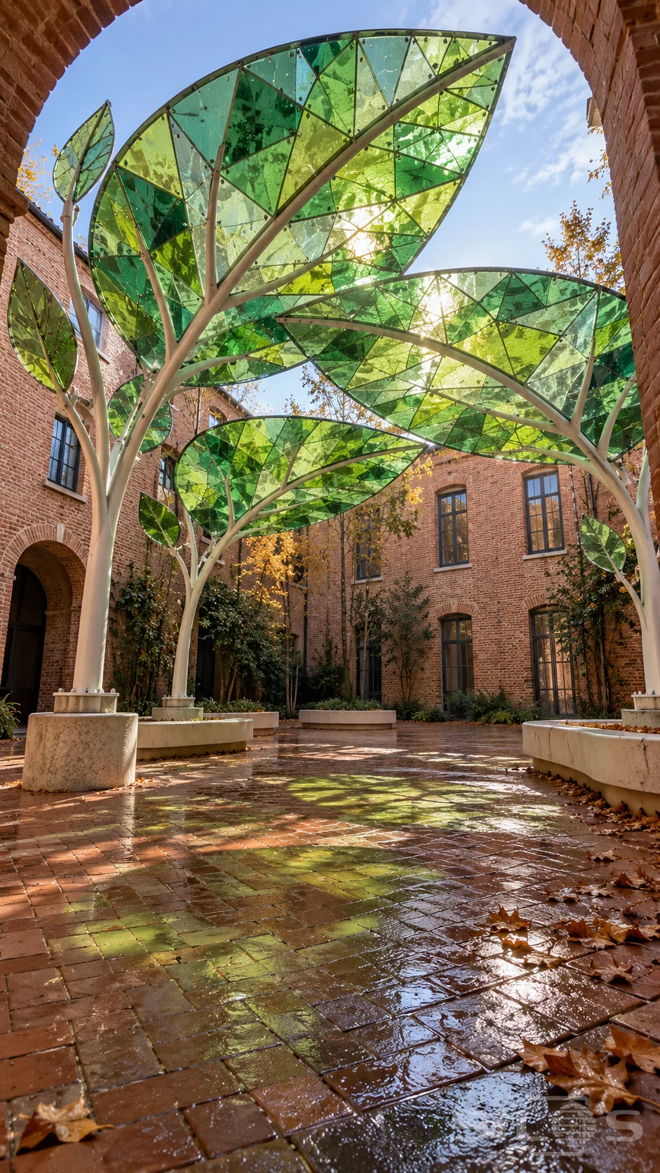 Large green glass leaf canopies on white branching steel stems cast green light onto a wet terracotta courtyard.