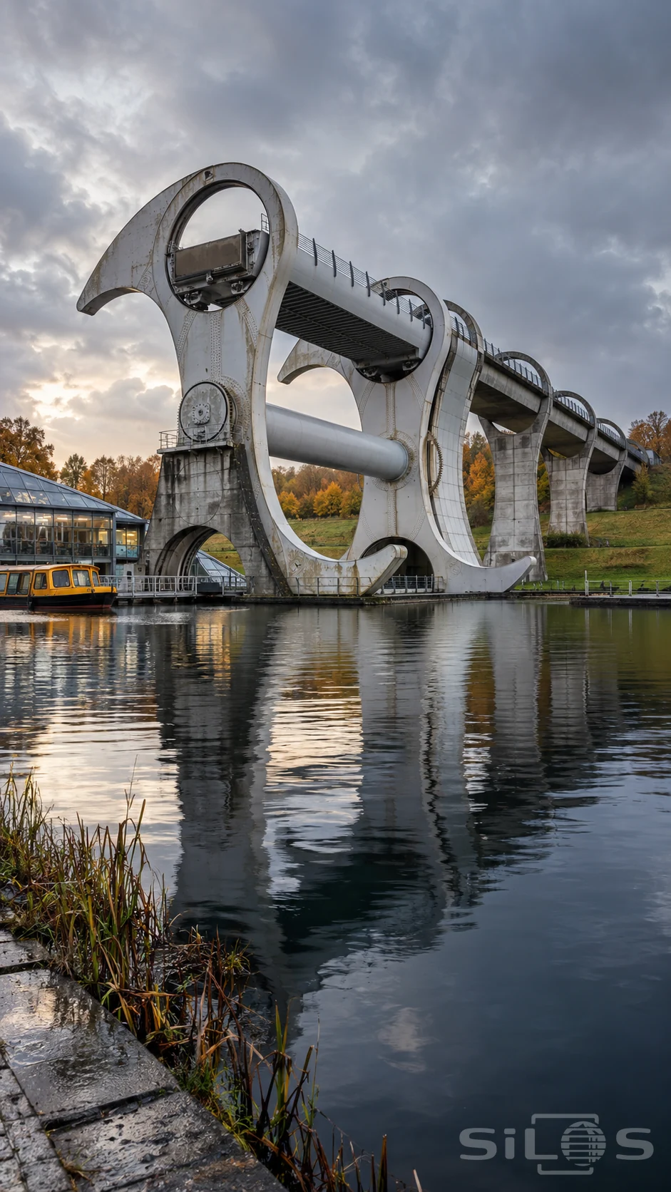 Rotating boat lift with curved white arms, an elevated aqueduct and a yellow canal boat reflected in calm water.