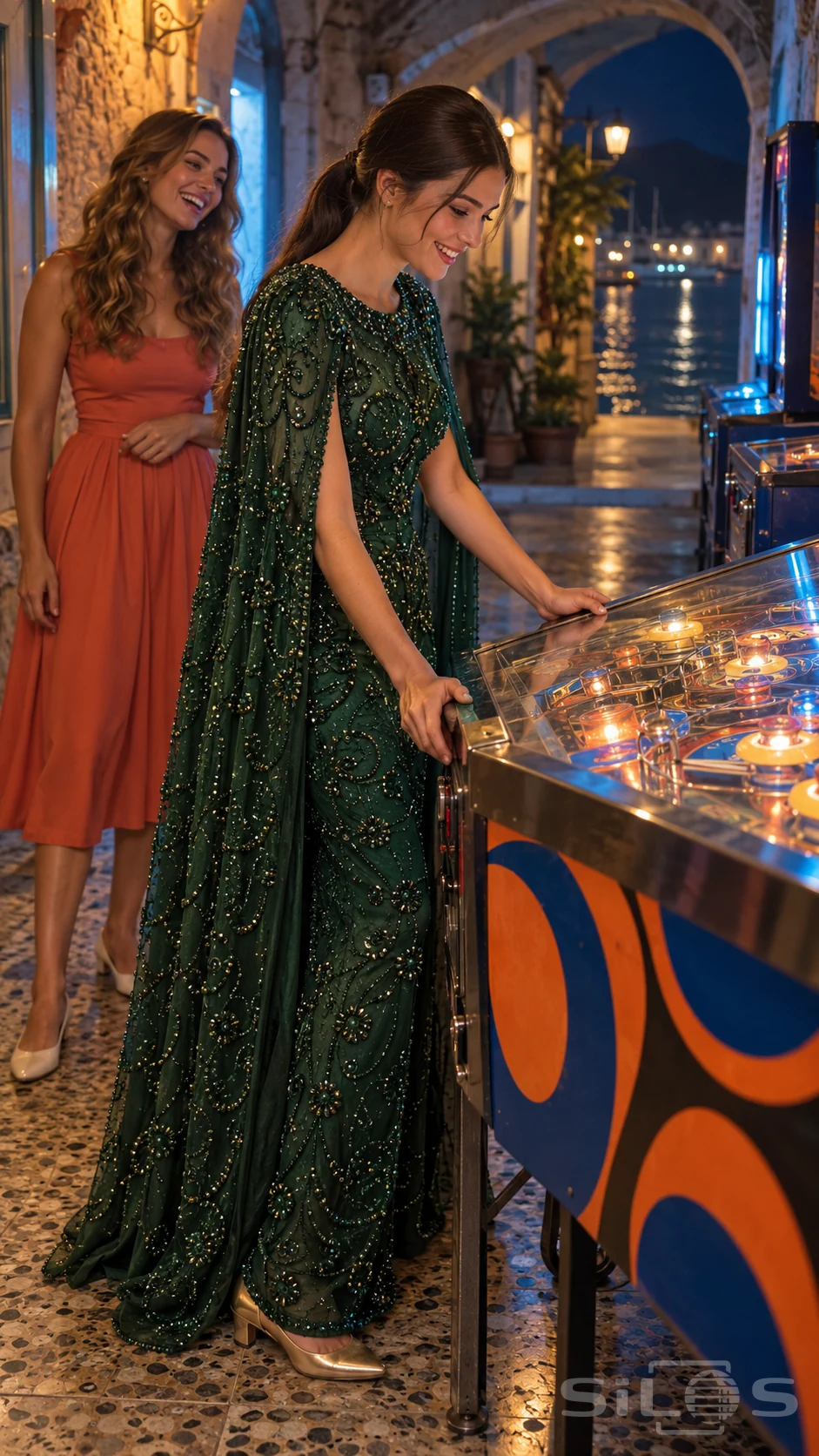 A woman in a jeweled emerald cape rests her hands on a pinball machine while a friend in a coral dress laughs behind her.