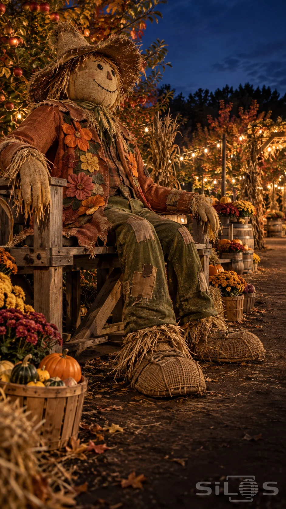 A giant scarecrow made of burlap in a flower-covered rust coat and patched green trousers sits on a braced bench among autumn fair decorations.