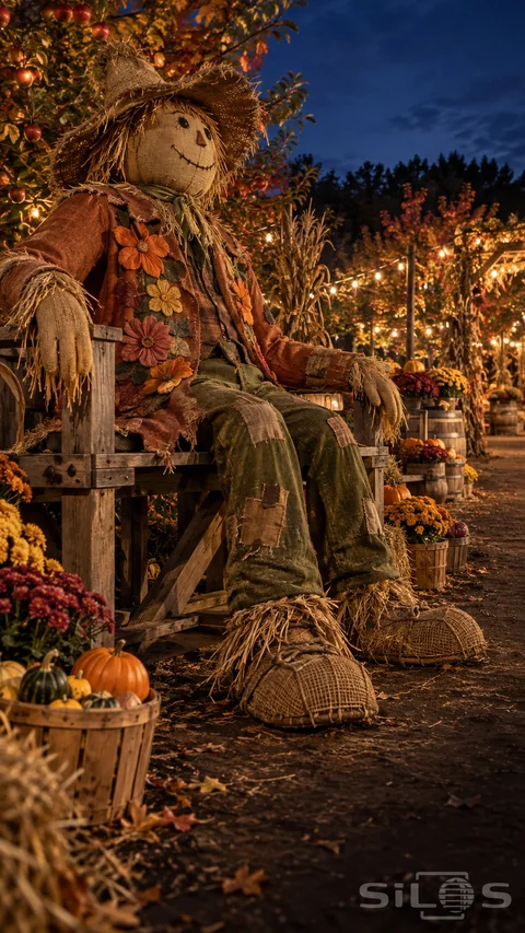 A giant scarecrow made of burlap in a flower-covered rust coat and patched green trousers sits on a braced bench among autumn fair decorations.