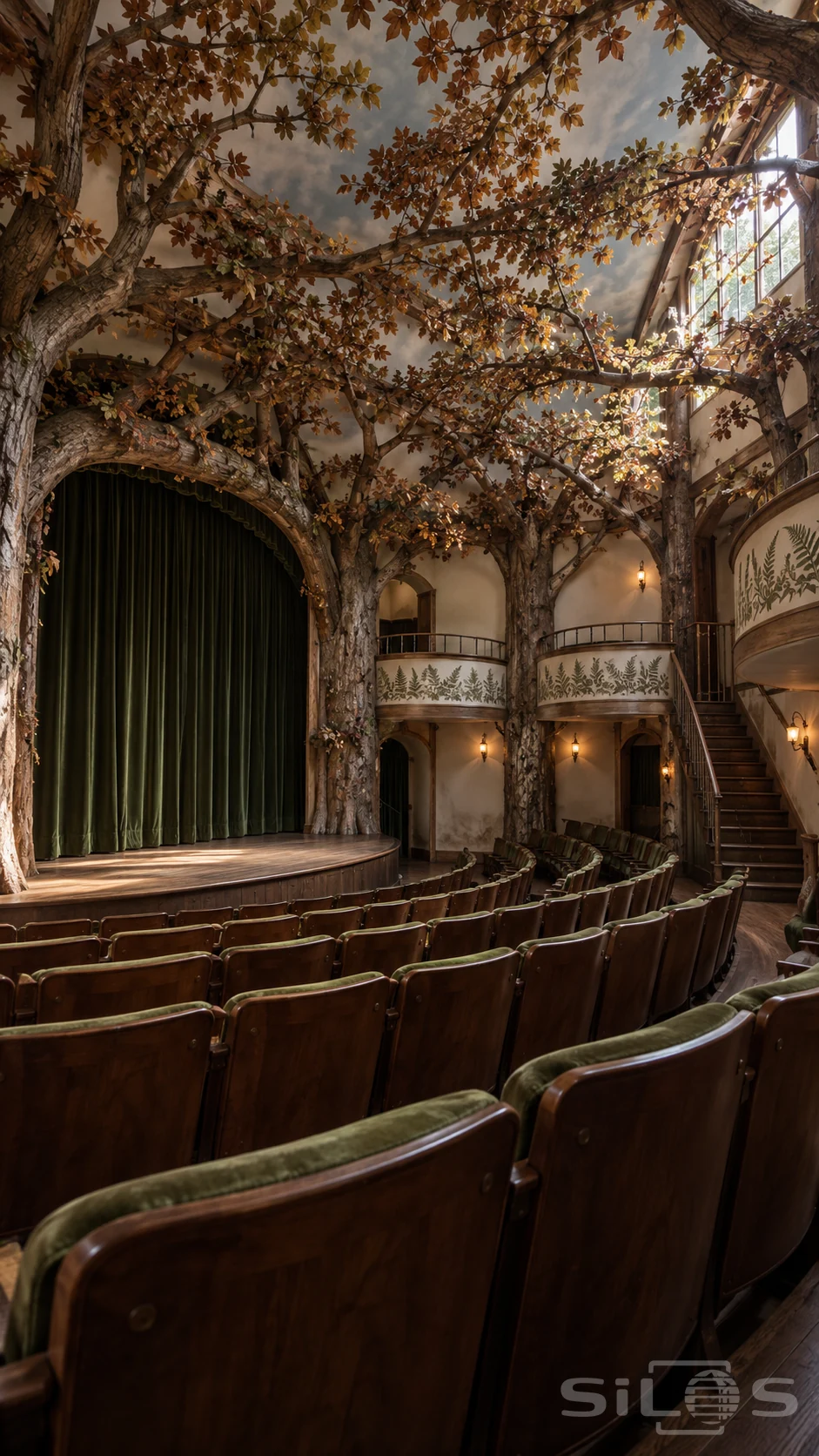 An empty theatre with wooden seats, green cushions, bark-textured columns and copper beech boughs beneath a painted sky ceiling.