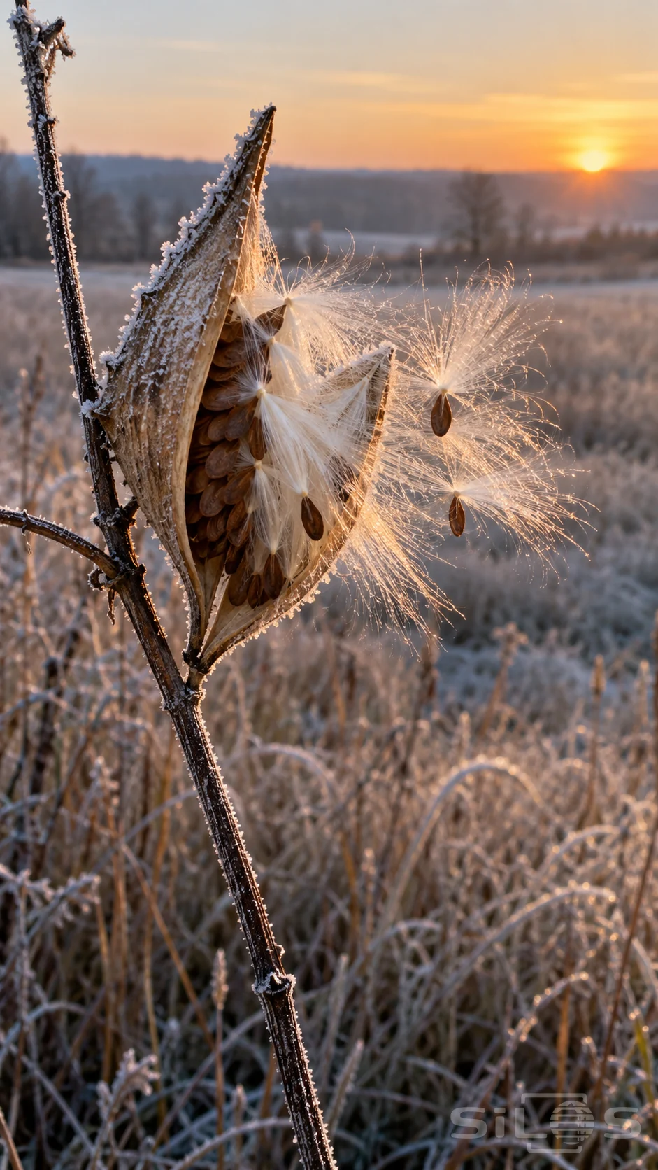 Milkweed seed silk catches sunrise beside a split frosted pod with several dark seeds lifting above a pale meadow.