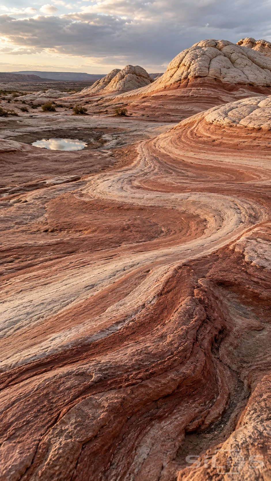 Rose, rust and ivory sandstone layers curve across an open desert basin toward rounded pale rock caps under soft clouds.