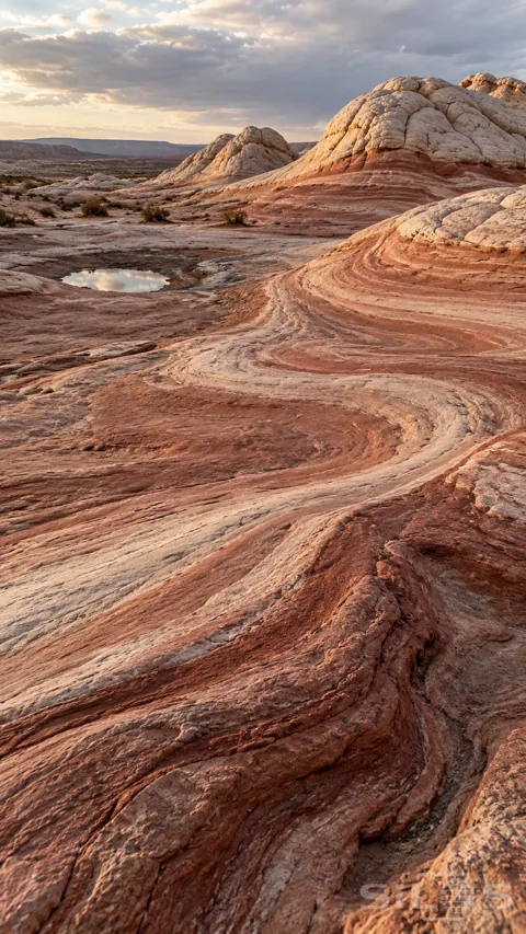 Rose; rust and ivory sandstone layers curve across an open desert basin toward rounded pale rock caps under soft clouds.