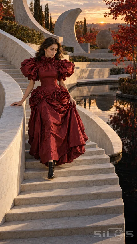 A woman in a voluminous red rose dress descends a marble staircase beside a reflecting pool and autumn trees.
