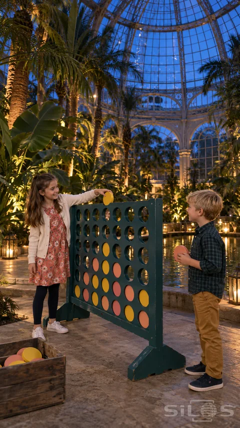 Two children play four in a row with yellow and coral wooden discs inside a tall palm dome illuminated at blue hour.