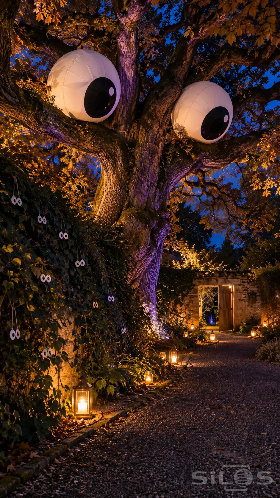 Giant inflatable eyes fill a Halloween tree above a lantern-lit path, with smaller paper eyes hanging from an ivy-covered wall.