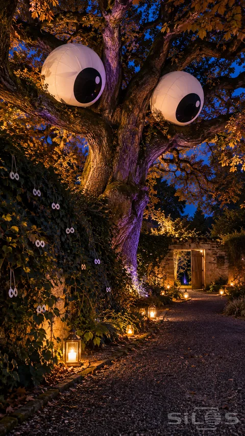 Giant inflatable eyes fill a Halloween tree above a lantern-lit path; with smaller paper eyes hanging from an ivy-covered wall.