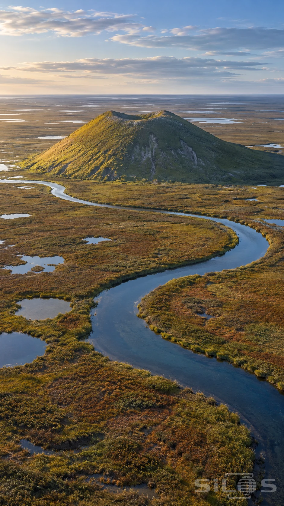 A grassy pingo rises above tundra pools with a curving blue channel in the foreground and warm light along its left slope.