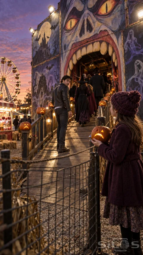 A girl in a plum coat holds a frowning pumpkin while a young man turns back on a carnival ghost-train ramp lined with frowning pumpkins.