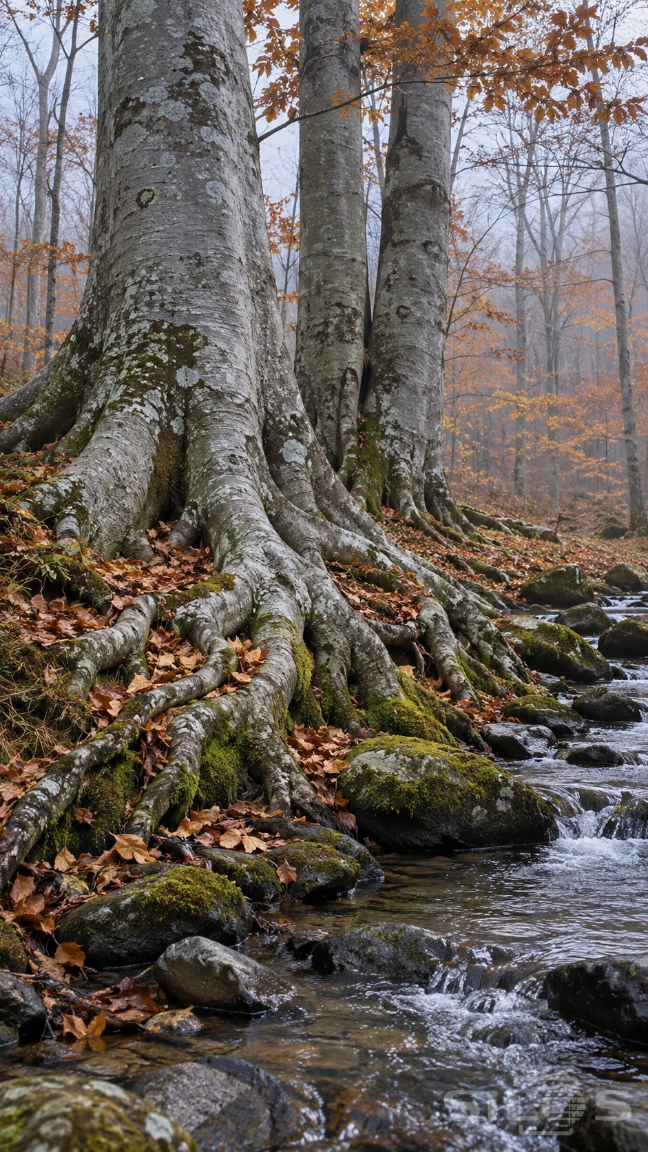 Broad beech roots weave through copper leaves beside an autumn stream beneath tall gray trunks.