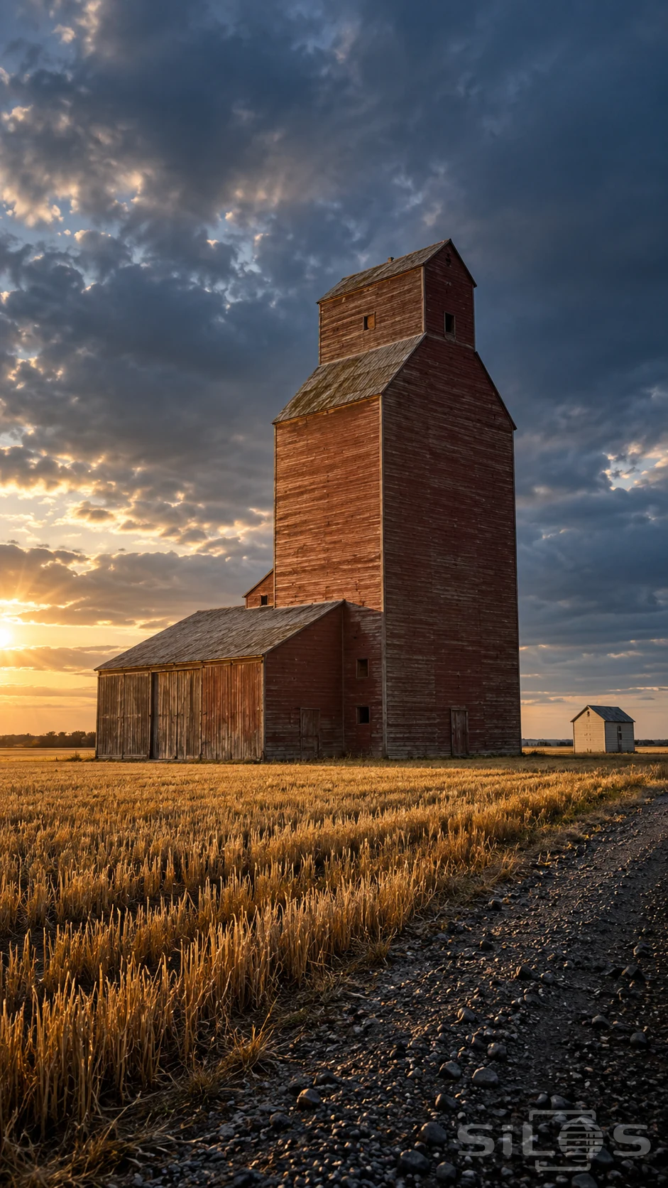 A tall timber grain elevator with stepped shoulders and red-brown boards stands beside a low shed in a golden harvested field.