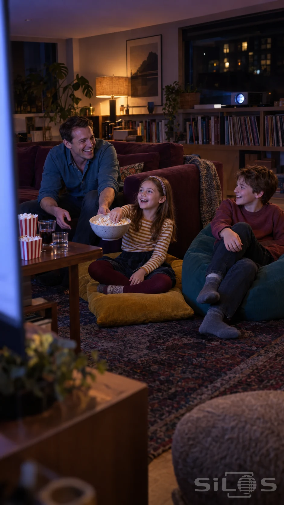 A father and daughter laugh during movie night in a yellow chair, with popcorn and colorful paper rosettes.
