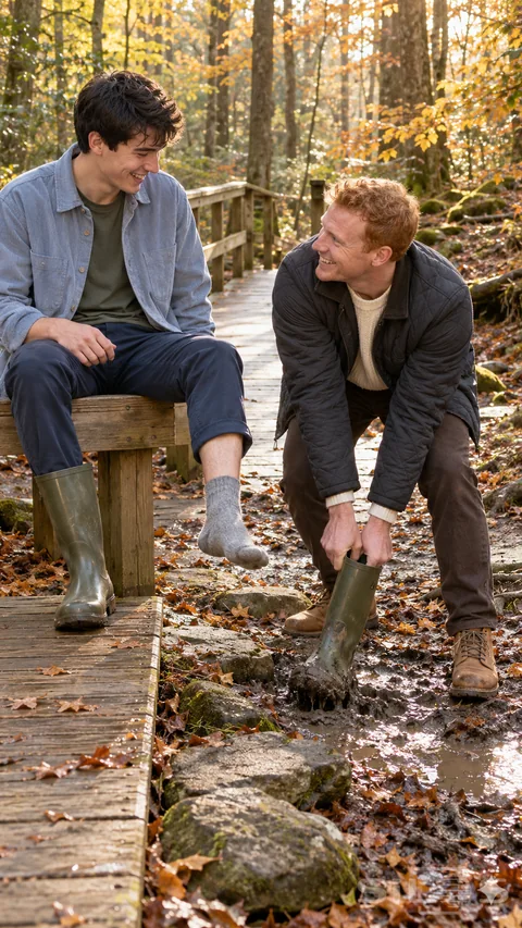 Two friends laugh beside a wooden boardwalk as one pulls a muddy boot free and the seated owner keeps his gray sock above the ground.