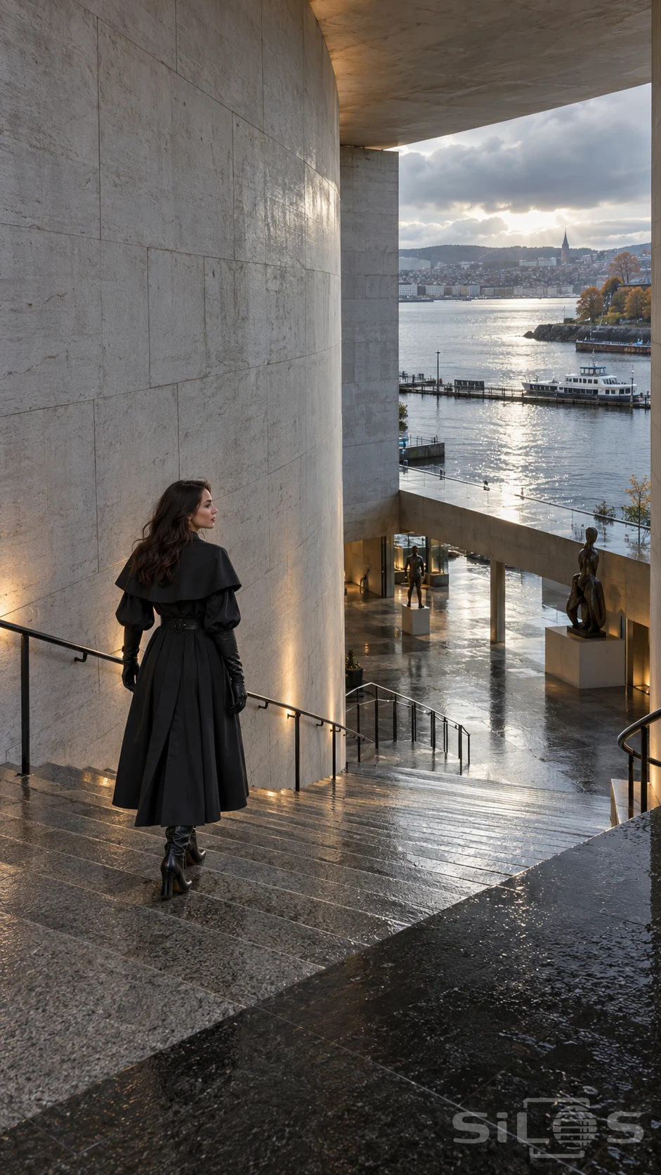 A woman in a black pleated trench and long gloves descends a grand granite museum stair overlooking a harbour.