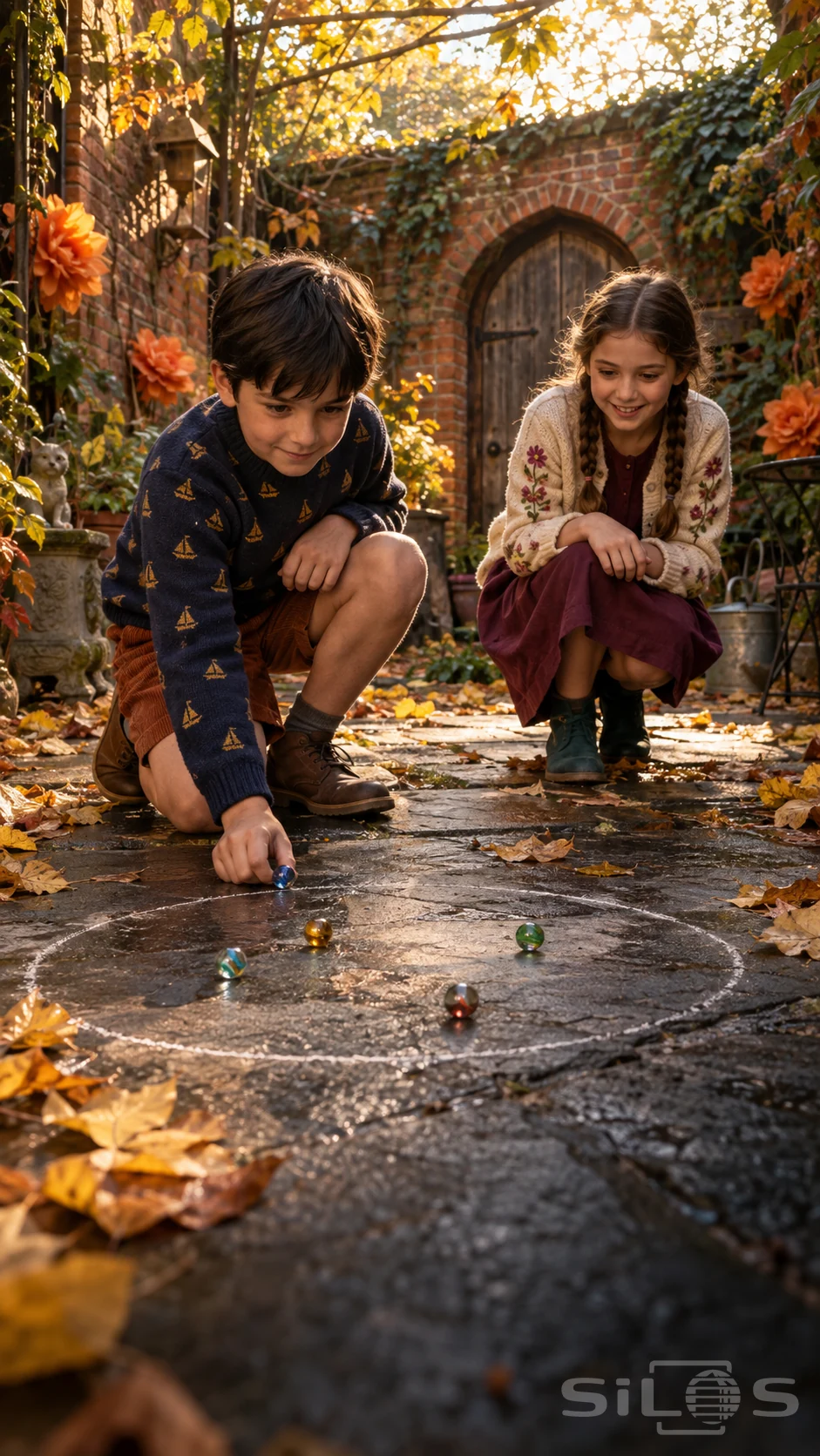 Courtyard marbles with two children beside a chalk circle and a blue shooter, framed by orange paper dahlias.