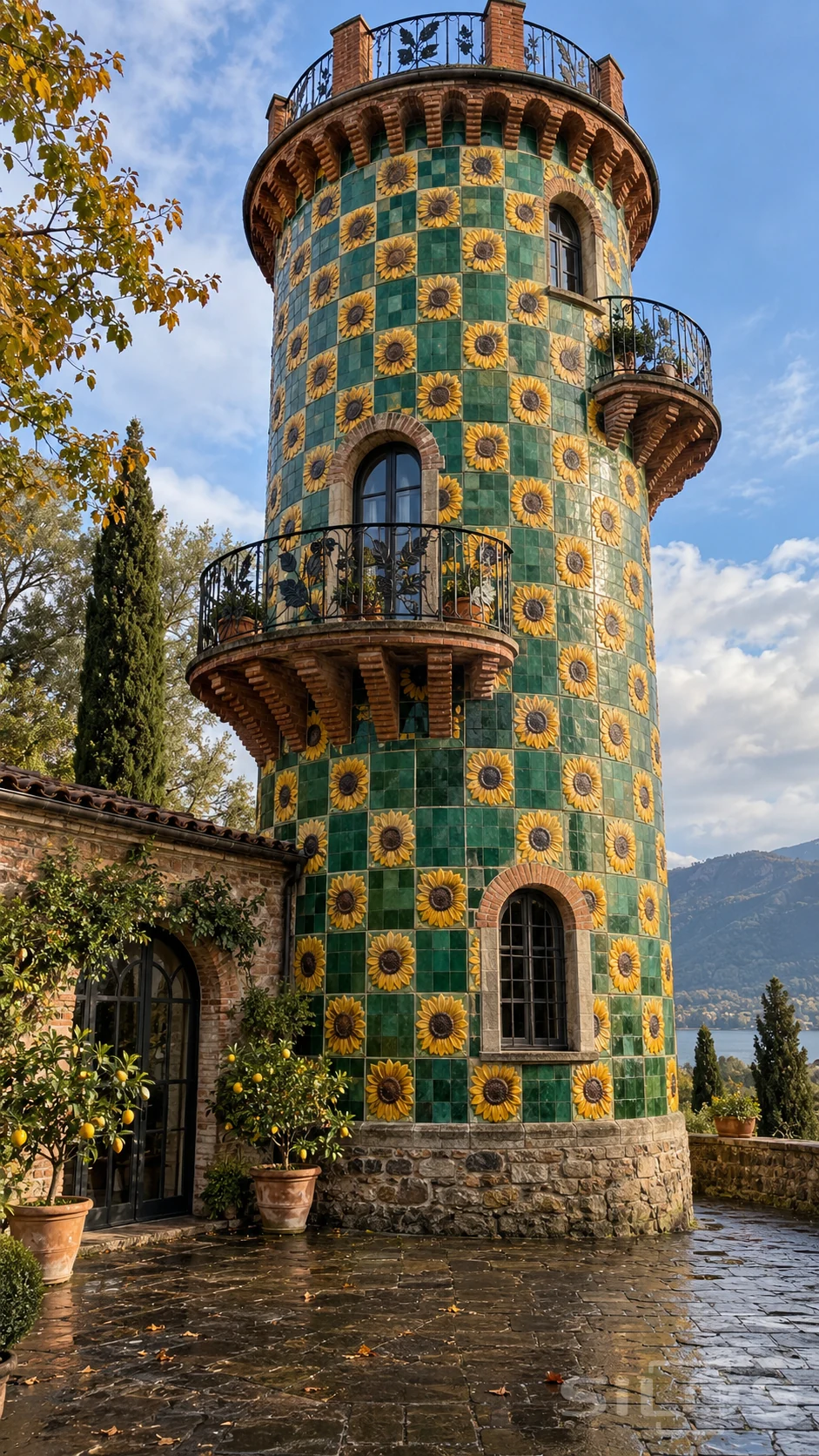 A round green tiled tower covered in yellow sunflower reliefs, with iron balconies, brick corbels and potted citrus trees.