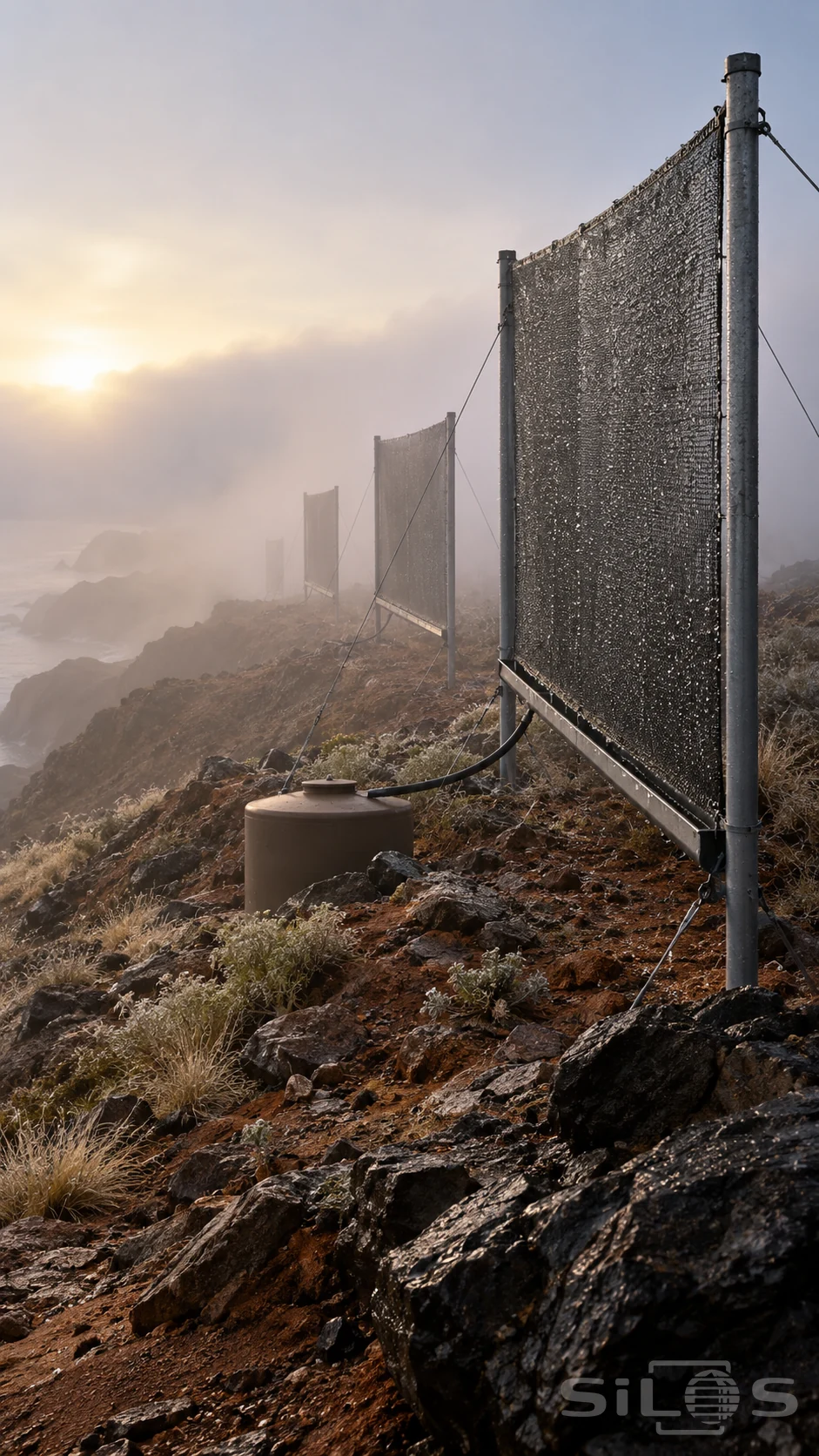 Coastal fog collectors with wet mesh panels, grounded posts, guy wires and a brown tank above a rocky shore in morning mist.