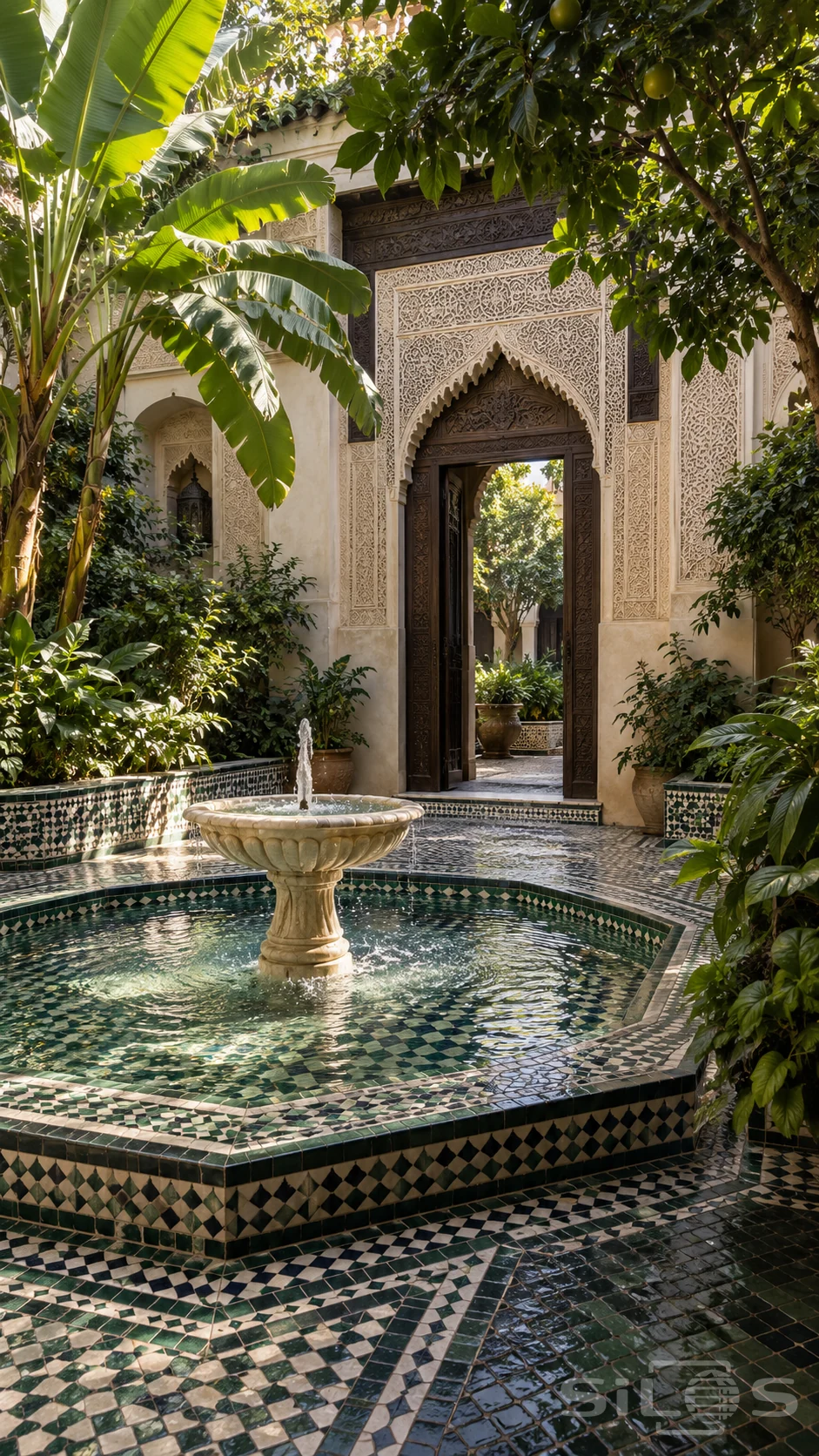 An octagonal green-and-ivory tiled fountain sits among banana leaves and citrus trees before an ornate carved plaster doorway.