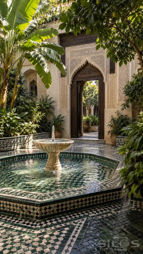 An octagonal green-and-ivory tiled fountain sits among banana leaves and citrus trees before an ornate carved plaster doorway.