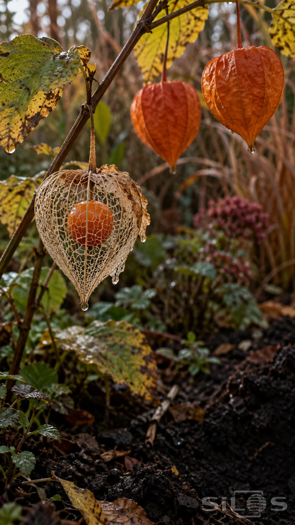 A lace-like physalis husk surrounds an orange berry on a brown stem, with intact orange lanterns farther behind.