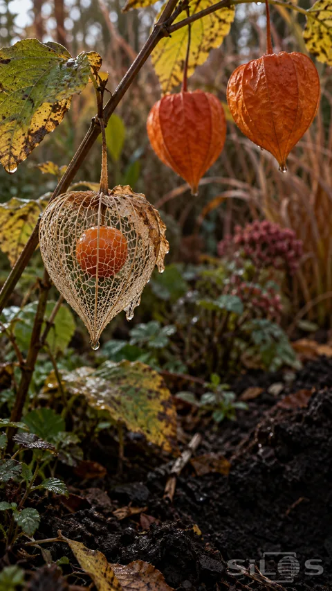 A lace-like physalis husk surrounds an orange berry on a brown stem; with intact orange lanterns farther behind.