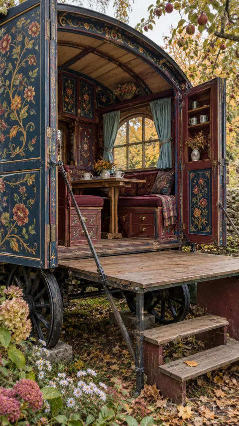 A blue and claret wagon opens onto a folding wooden terrace; revealing floral cupboards; burgundy benches and a garden window.