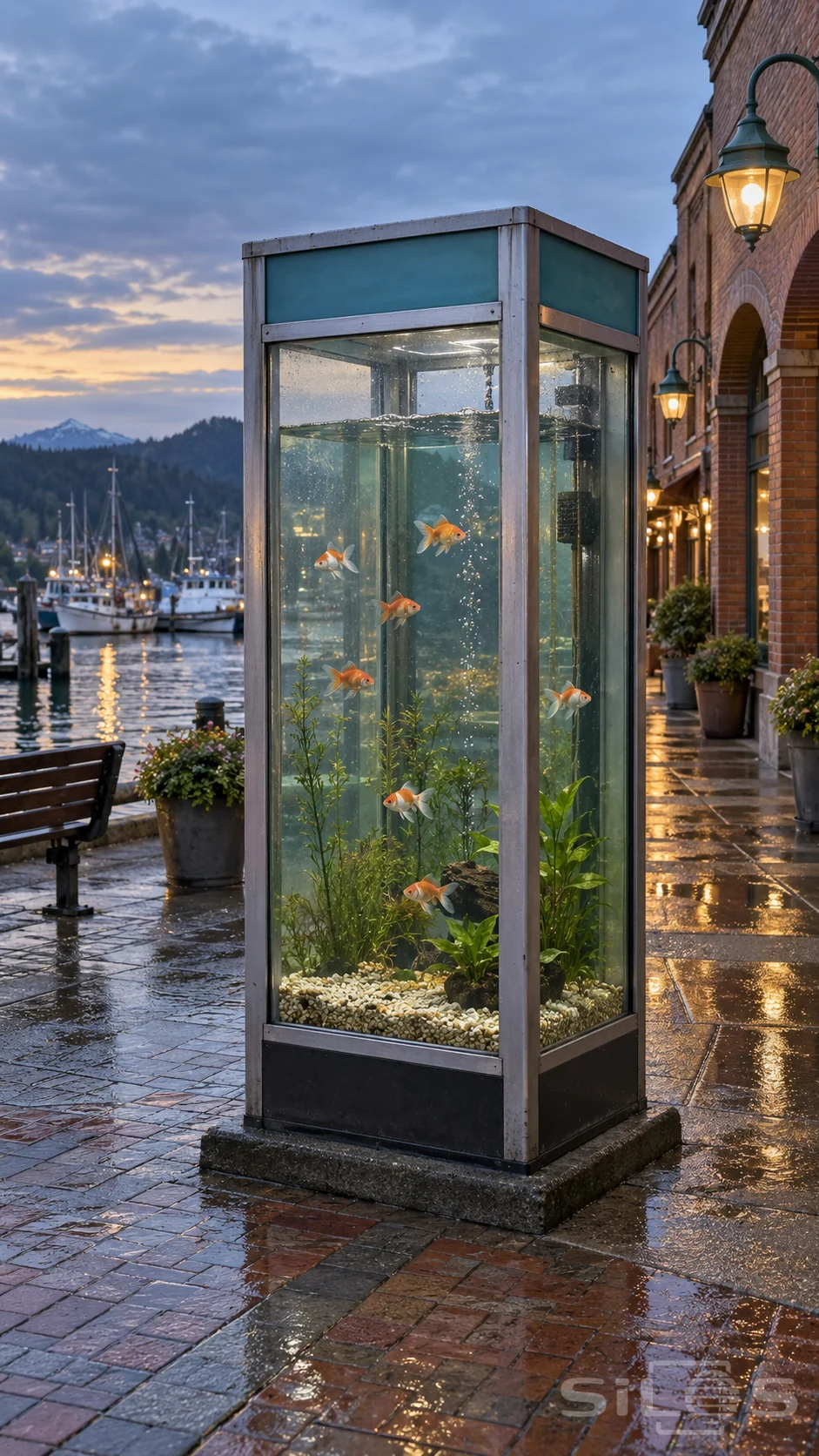 A telephone aquarium holds seven goldfish beside a brick waterfront arcade and a quiet harbor at blue hour.