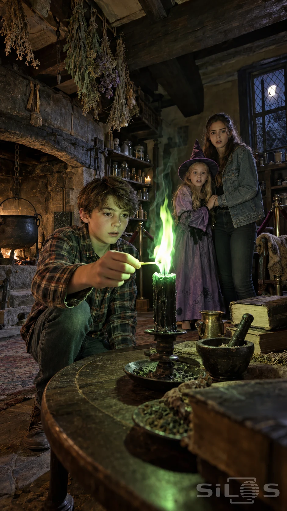 A boy lights a black candle with a tall green flame while two girls watch in a timber cottage filled with herbs and old objects.