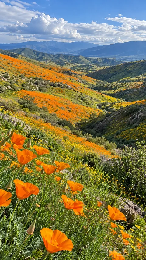 A poppy superbloom covers folded green hills in orange flower bands beneath white clouds and blue mountains.