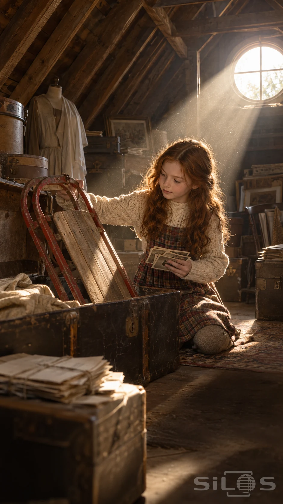 A girl kneels beside an attic trunk, holding an old sled and photographs in a shaft of sunlight.