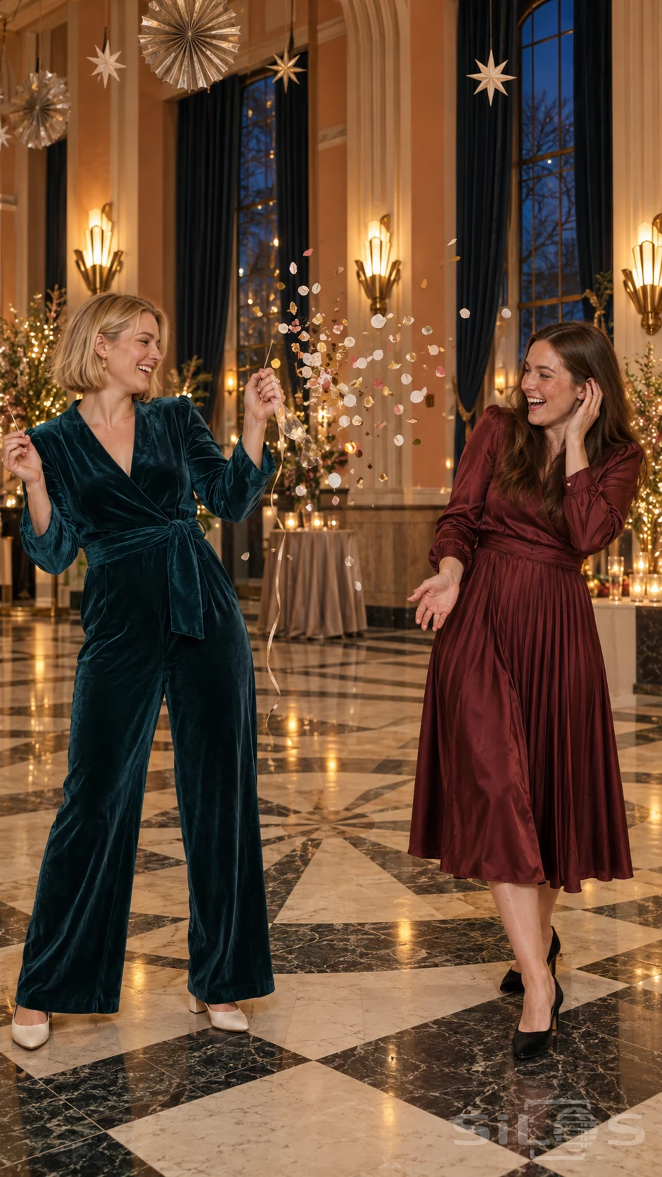 Two women laugh after a balloon pop sends paper confetti into the warm light of a winter ballroom.