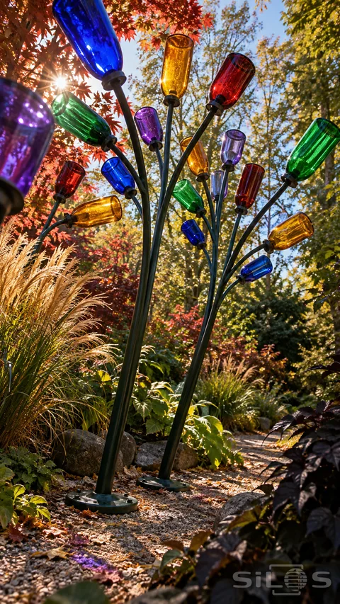 Colored bottles sit neck-down on curved metal garden stems; with sunlight passing through glass beside green foliage.
