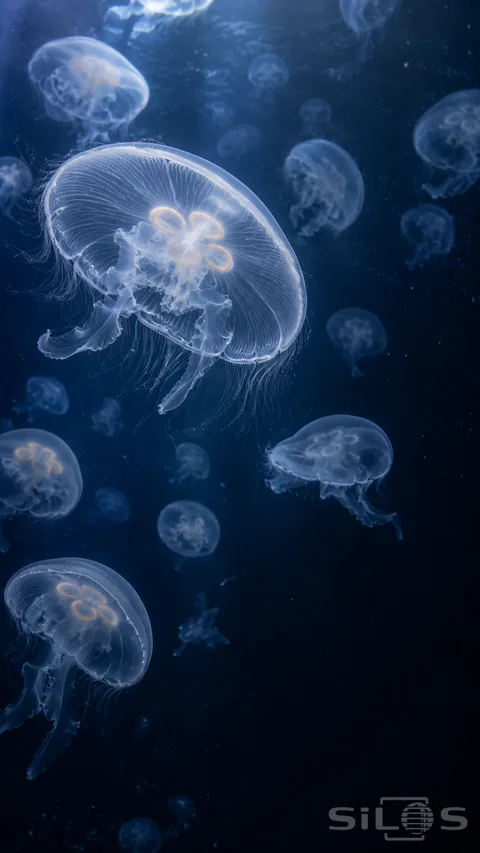 Moon jellyfish with translucent bells and fine tentacles floating at different depths in dark cobalt water.