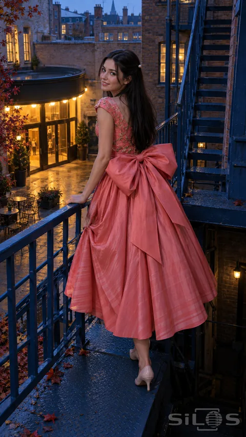 A woman in a pink bow dress turns on a blue metal fire-escape landing above a brick courtyard at twilight.
