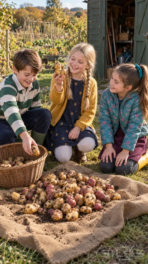 Three children sort a potato harvest on burlap beside an allotment shed, laughing at one knobbly potato.