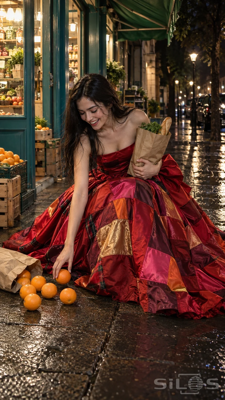 Woman in a red patchwork gown crouches to catch rolling oranges beside a split paper grocery bag.
