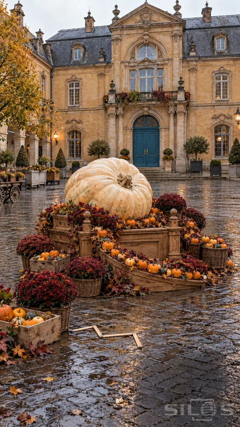 A giant pumpkin courtyard display gathers autumn colors beneath an ornate ochre facade.