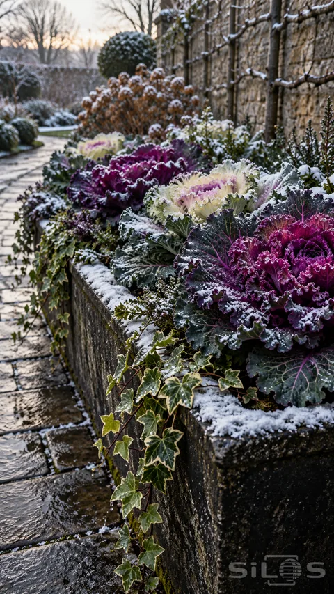 Ornamental kale fills a dark stone trough with purple and cream ruffled leaves; light snow and trailing variegated ivy.