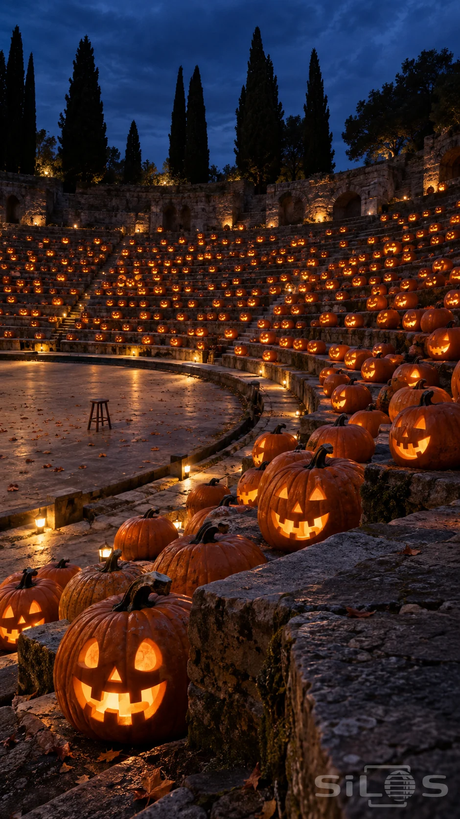 A glowing pumpkin audience fills the curved seating of a stone theatre beneath an indigo evening sky.