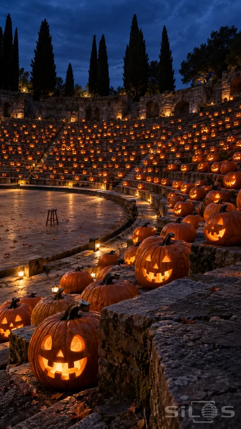 A glowing pumpkin audience fills the curved seating of a stone theatre beneath an indigo evening sky.