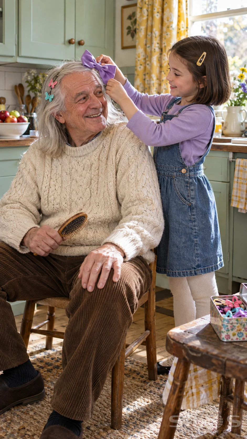 A grandfather smiles as his granddaughter clips a purple bow into his silver hair beside a tin of butterfly clips.