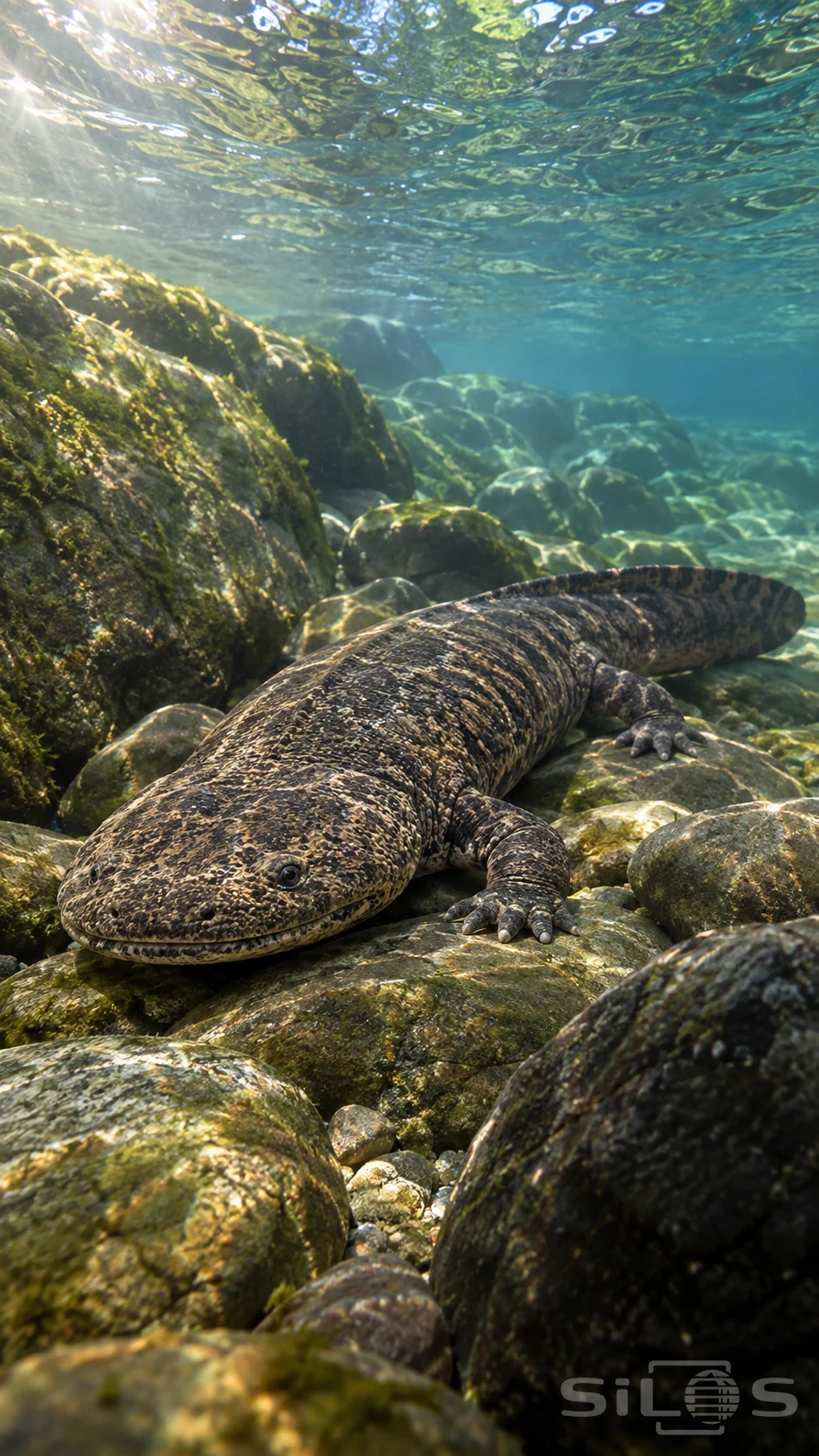 A giant salamander with a broad flat head, tiny eyes and mottled brown skin rests on algae-covered river stones beneath clear water.