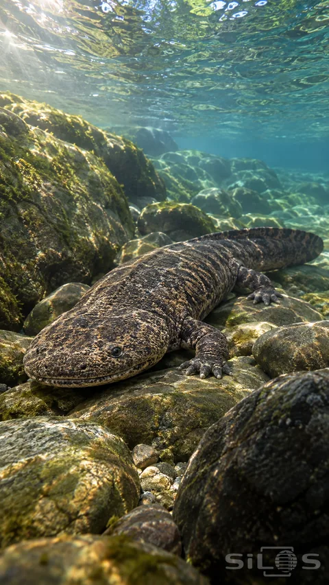 A giant salamander with a broad flat head; tiny eyes and mottled brown skin rests on algae-covered river stones beneath clear water.