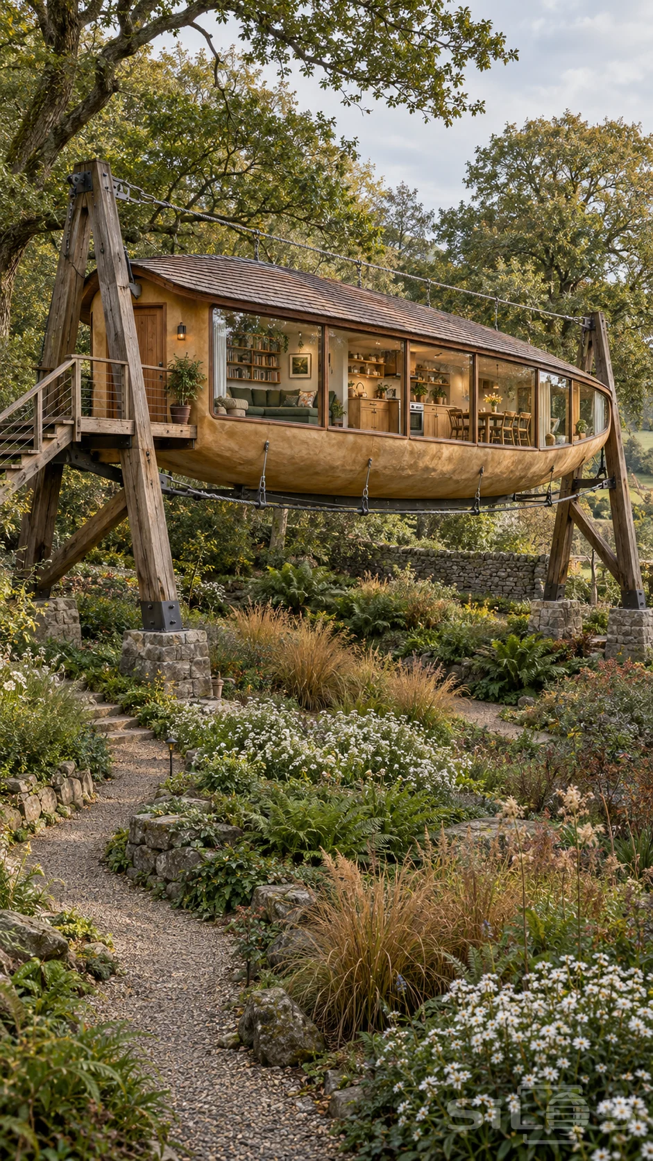 A long glazed garden home with a curved earthen underside hangs from braced timber cable frames above grasses and a winding path.