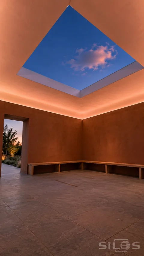 A rose light chamber frames pink clouds and blue dusk through a square sky opening above a wooden bench.